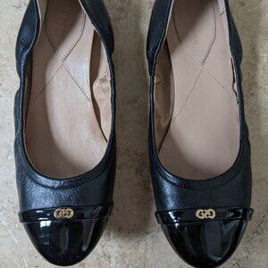 Black Cole Haan flats, leather and patent leather with gold logo, size 6.5